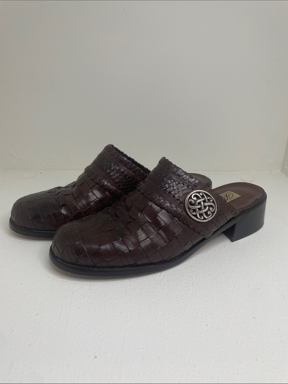 Brighton Andy Mocca Granola Dark Brown Woven Leather Mule with Silver Medallion